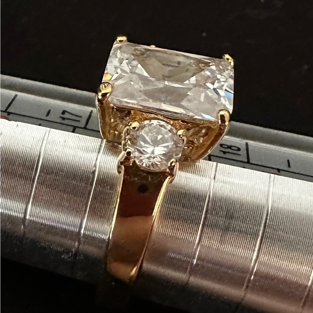 GET ENGAGED Emerald Cut Rectangular CZ 3 Stone Gold Ring Size 7 - Picture 6 of 8